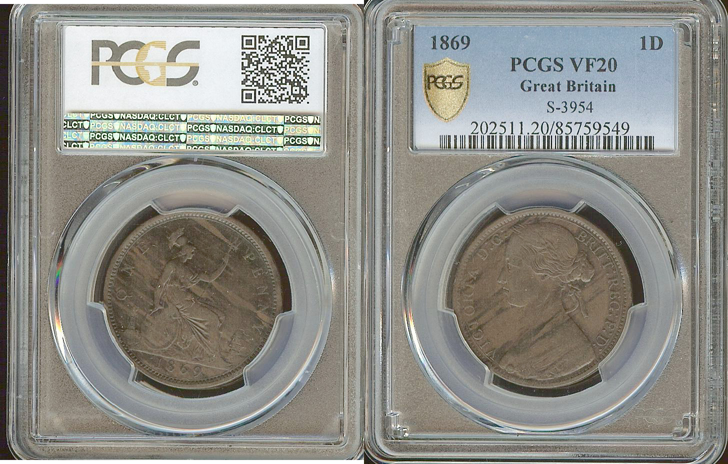 English penny 1869 PCGS VF20